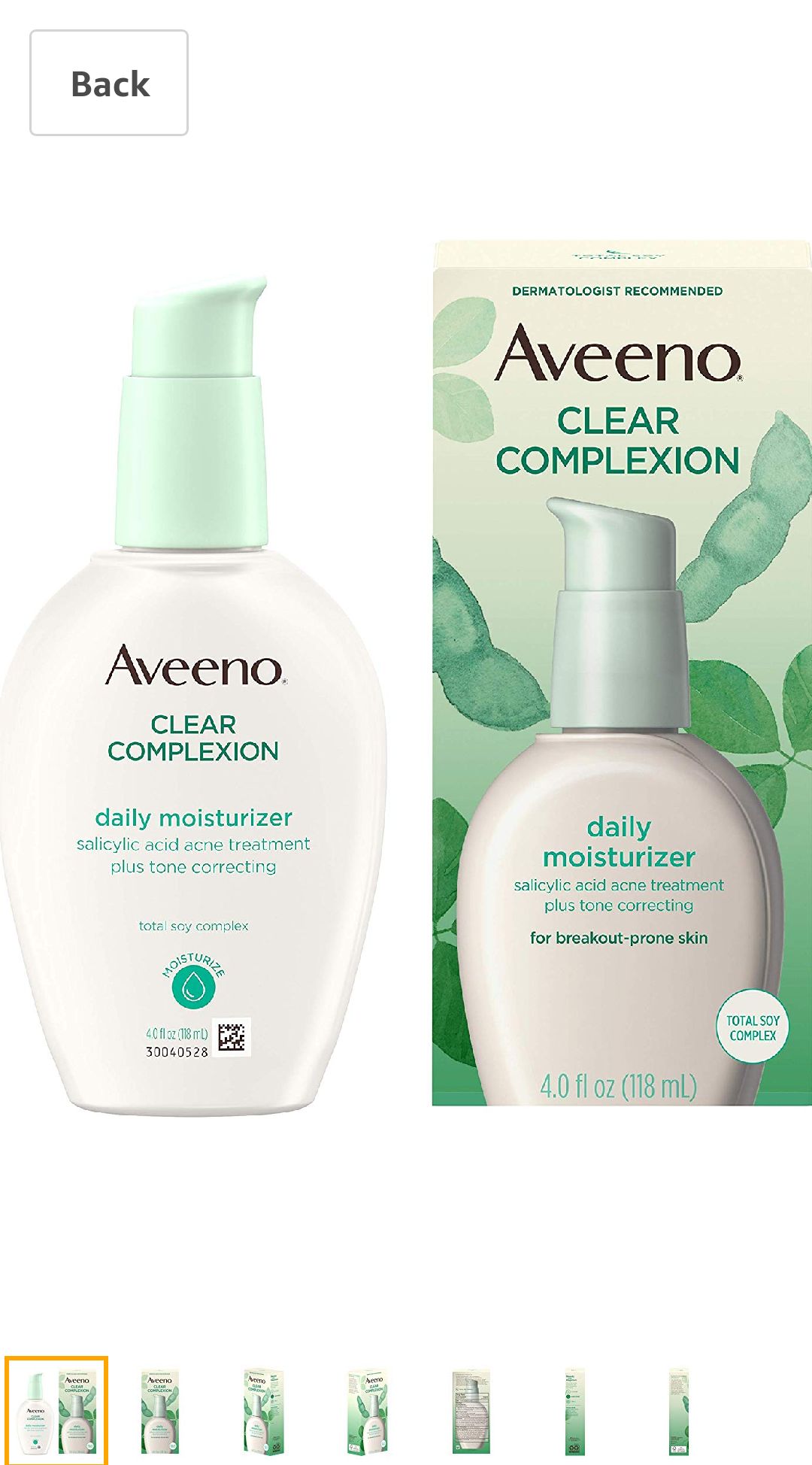Amazon.com: Aveeno Clear Complexion Salicylic Acid Acne-Fighting Daily Face Moisturizer with Total Soy Complex, For Breakout-Prone Skin, Oil-Free and Hypoallergenic, 4 fl. oz: Beauty面霜
