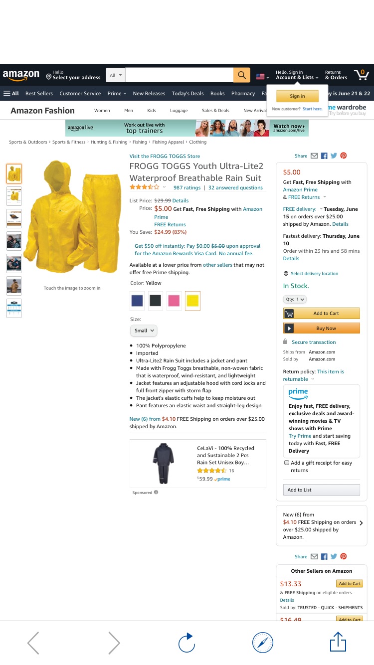 Amazon.com: FROGG TOGGS Youth Ultra-Lite2 Waterproof Breathable Protective Rain Suit, Yellow, Small: Clothing防水衣