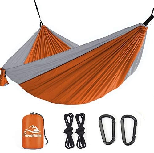 Favorland Camping Hammock Double & Single with Tree Straps for Hiking, Backpacking, Travel, Beach, Yard - 2 Persons Outdoor Indoor Lightweight & Portable with Straps & Steel Carabiners Nylon(Ora-Grey)