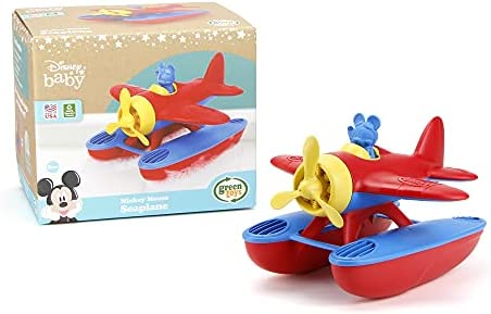 Green Toys Disney Baby Exclusive Mickey Mouse Seaplane, Red/Blue - Pretend Play, Motor Skills, Kids Bath Toy Floating Vehicle. No BPA, phthalates, PVC. Dishwasher Safe, Recycled Plastic, 小飞机玩具