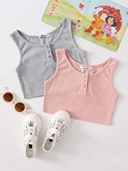 短款背心Amazon.com: Romwe Girl's 2 Pack Sleeveless Ribbed Tank Tops Kids Button Up Crop Tops T Shirt Pink Grey 11-12Y: Clothing