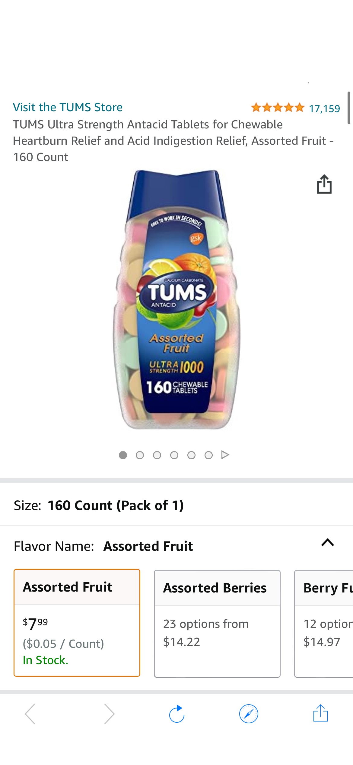 Amazon.com: TUMS Ultra Strength Antacid Tablets for Chewable Heartburn Relief and Acid Indigestion Relief, Assorted Fruit - 160 Count : Health & Household 消化药25%off