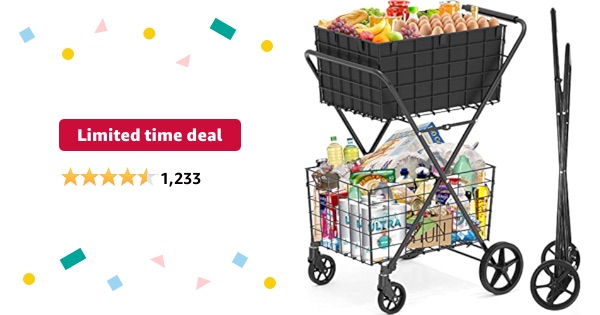 Limited-time deal: [2-Tier] 420LBS Extra Large Shopping Cart for Groceries, Grocery Cart with Removable Storage Basket, 360° Rolling Swivel Wheels, Liner, Heavy Duty Folding Utility Shopping Carts for
