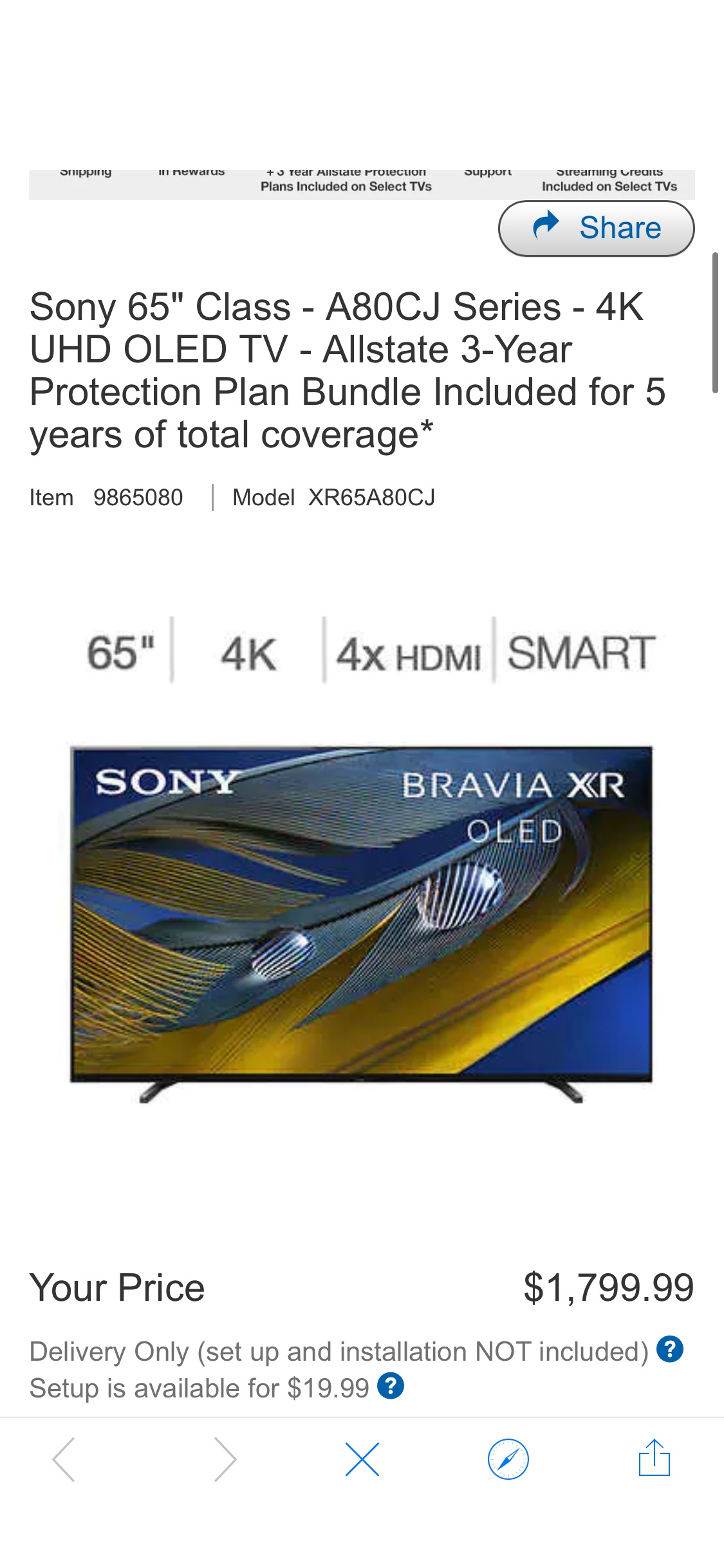 Sony 65" Class - A80CJ Series - 4K UHD OLED TV - Allstate 3-Year Protection Plan Bundle Included for 5 years of total coverage* | Costco为