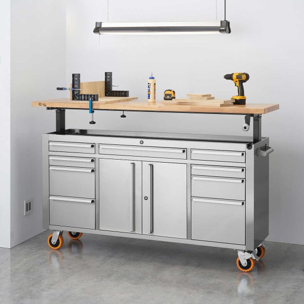 TRINITY PRO 72" Stainless Steel Rolling Workbench with Adjustable-Height Top