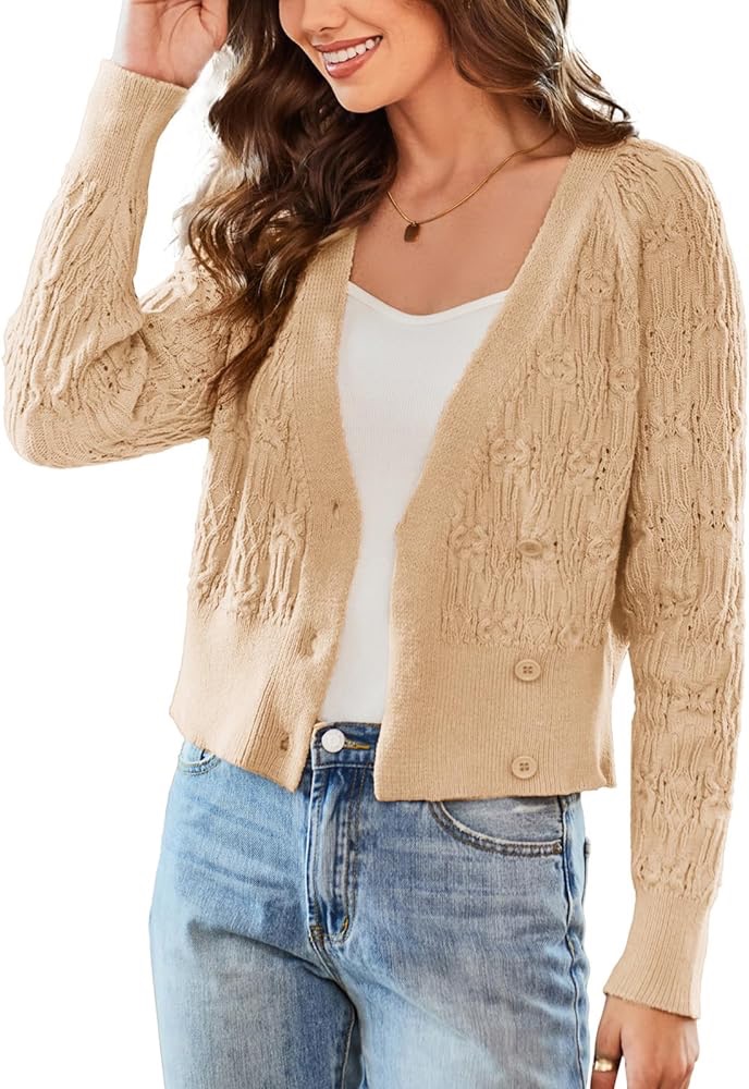 女生毛衣开衫GRACE KARIN Cropped Cardigan Fall Sweaters for Women 2023 Long Sleeve Trendy Cute Soft Cozy Cable Knit Short Cardigans Khaki S at Amazon Women’s Clothing store