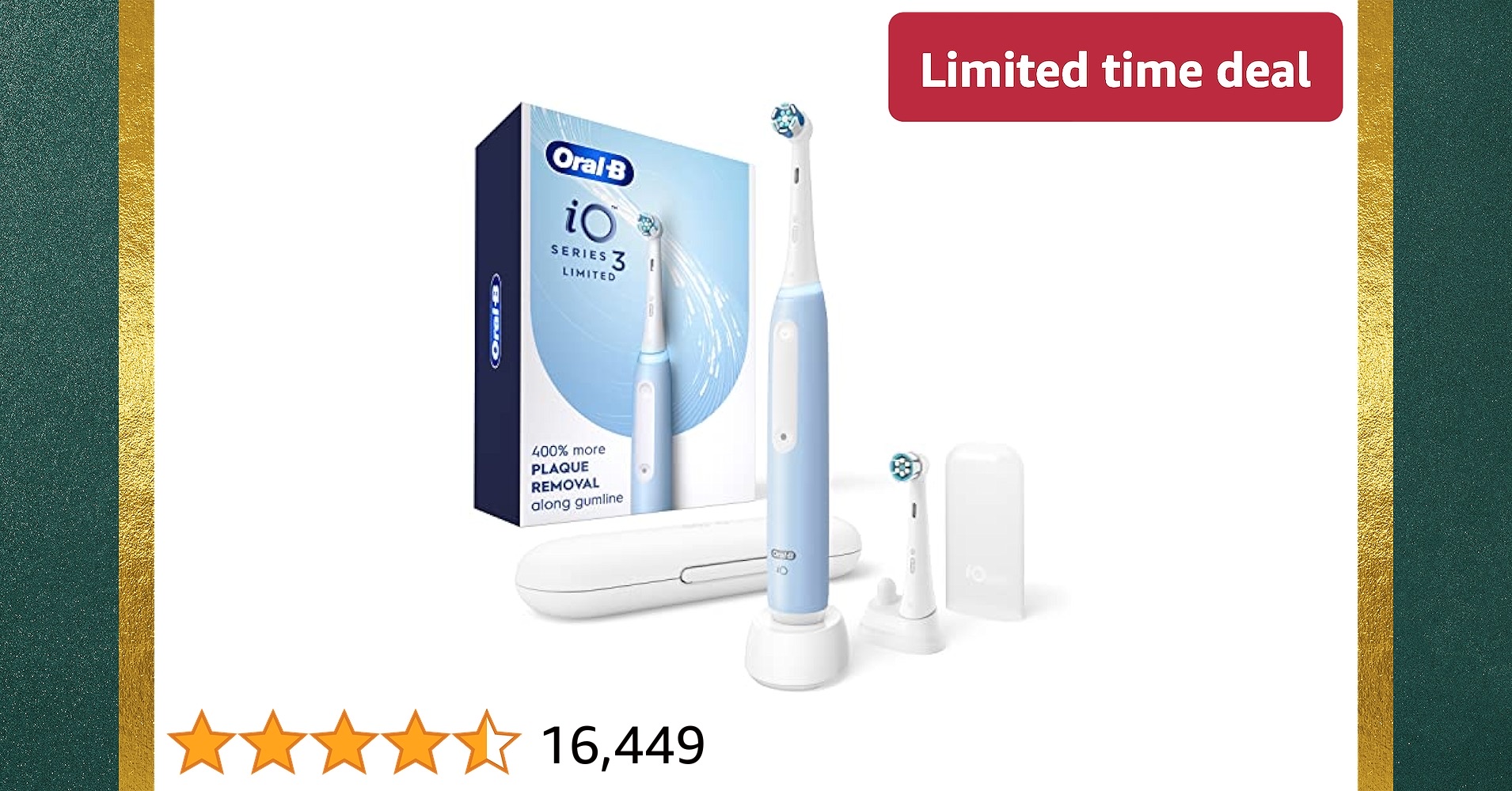 Limited-time deal: Oral-B iO Series 3 Limited Rechargeable Electric Powered Toothbrush, Blue with 2 Brush Heads and Travel Case - Visible Pressure Sensor to Protect Gums - 3 Modes - 2 Minute Timer