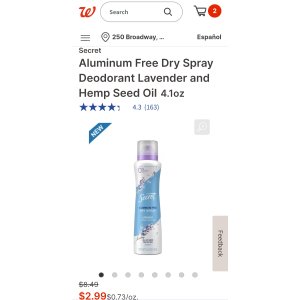 $0.45 白菜价：Walgreens现有Secret Lavender and Hemp Seed Oil薰衣草止汗喷雾低至