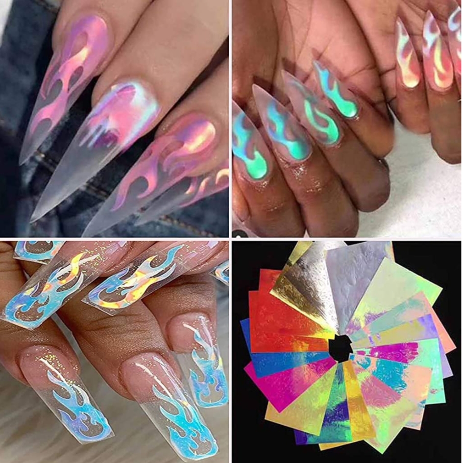 Flame Reflections Nail Stickers - 16PCS Holographic Fire Flame Nail Art Decals 3D Vinyls Nail Stencil for Nails Manicure Tape Adhesive Foils DIY Decoration: Kitchen & Dining指甲贴