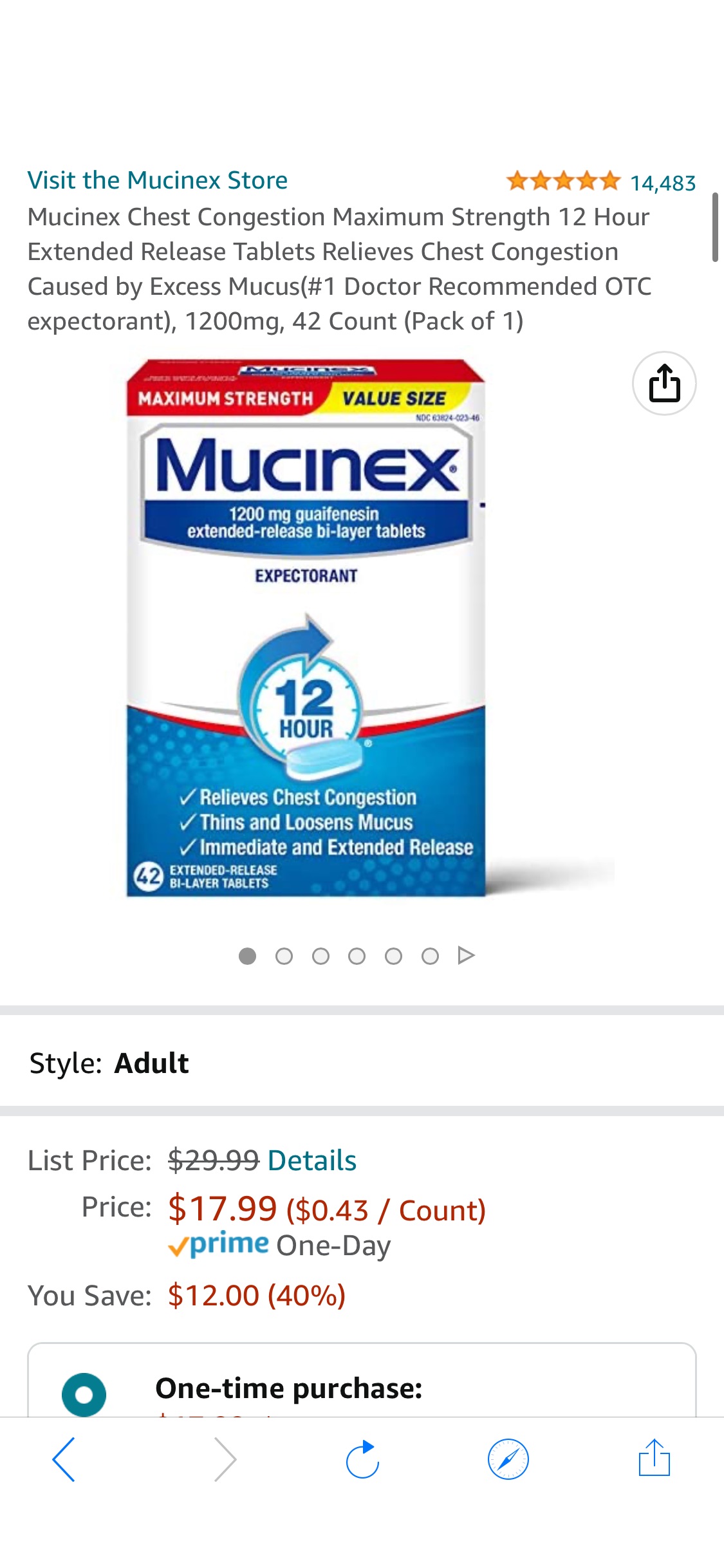 Mucinex Chest Congestion Maximum Strength 12 Hour Extended Release Tablets Relieves Chest Congestion Caused by Excess Mucus(#1 Doctor Recommended OTC expectorant), 1200mg, 42 Count (Pack of 1) :感冒药