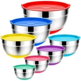 帶蓋的TINANA攪拌碗：不鏽鋼攪拌碗套裝-廚房7PCS金屬嵌套攪拌碗，尺寸7，4.5，3，2，1.5，1，0.7 QT，非常適合準備，烘焙，服務-多色-Walmart.com