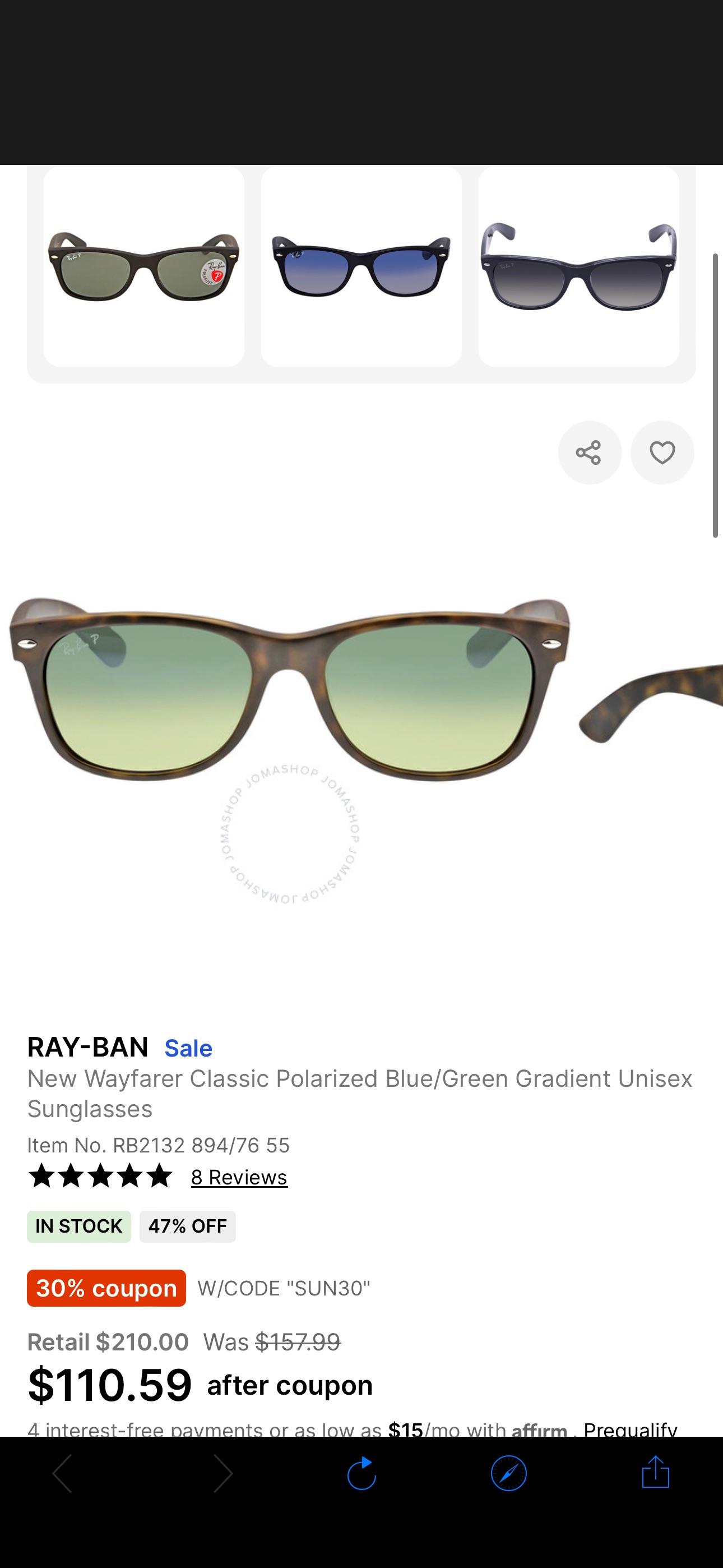 Ray-Ban New Wayfarer Classic Polarized Blue/Green Gradient Unisex Sunglasses RB2132 894/76 55 713132838303 - Sunglasses, Wayfarer - Jomashop