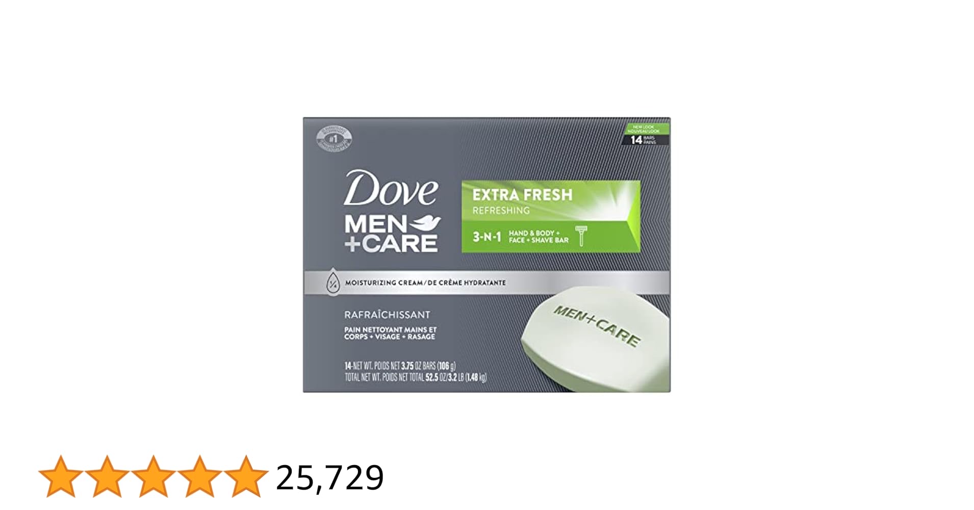 DOVE MEN + CARE Bar 3 in 1 Cleanser for Body, Face, and Shaving to Clean and Hydrate Skin Extra Fresh Body and Facial Cleanser More Moisturizing Than Bar Soap 3.75 oz, 14 Count (Pack of 1)