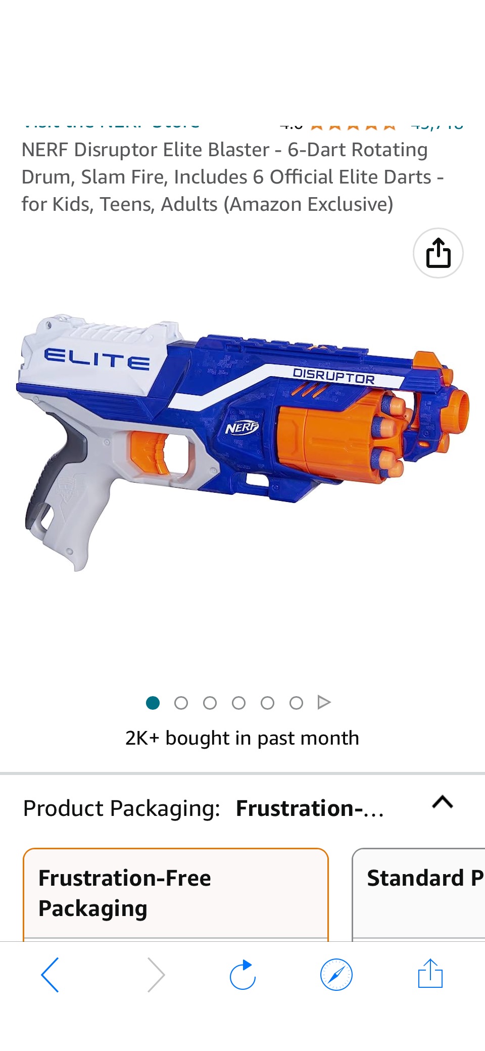 Amazon.com: NERF Disruptor Elite Blaster - 6-Dart Rotating Drum, Slam Fire, Includes 6 Official Elite Darts - for Kids, Teens, Adults (Amazon Exclusive)原价14.99