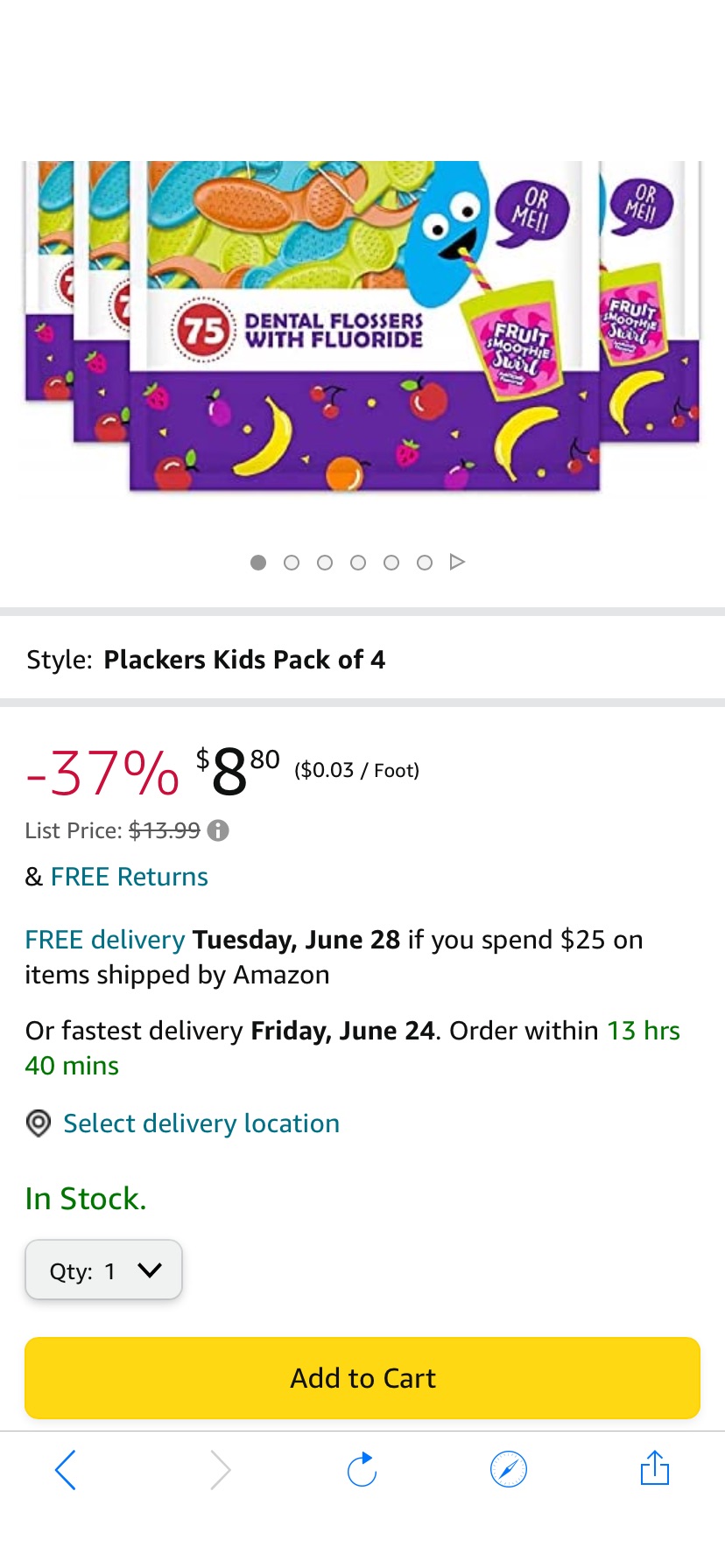 Plackers Kids Dual Gripz Flossers with Fluoride, Grip Me Handle, Fruit Smoothie Swirl Flavor, BPA Free, Colorful Floss Picks for Kids of All Ages, 75 Count (Pack of 4)