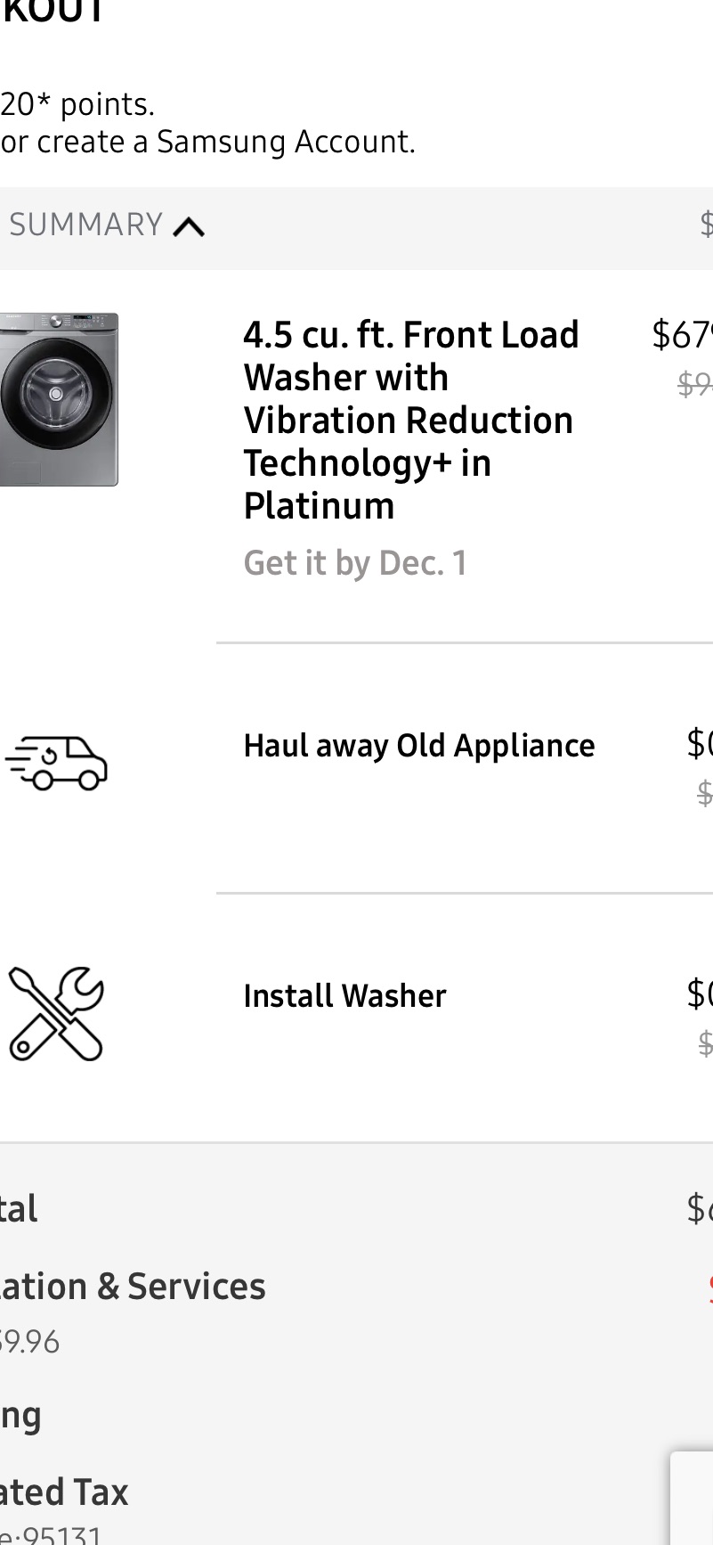 Samsung 这款洗衣机免安装费和拖旧货费