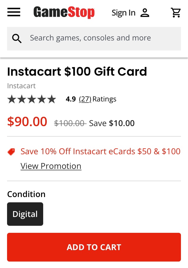 Instacart 礼卡限时9折优惠
Instacart $100 Gift Card | GameStop