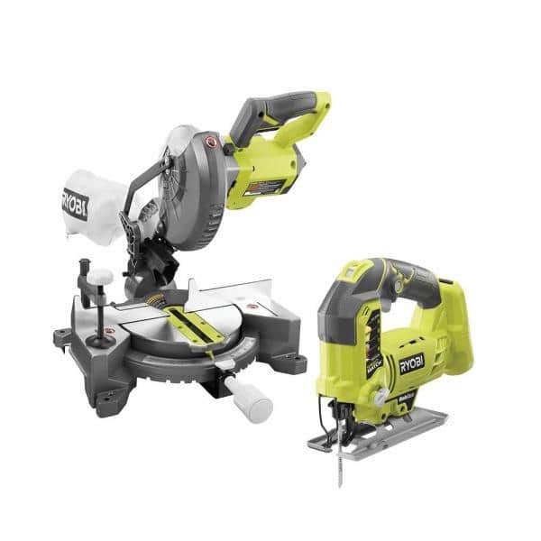 RYOBI ONE+ 18V Lithium-Ion Cordless 7-1/4 in. Compound Miter Saw and Orbital Jig Saw (Tools Only)