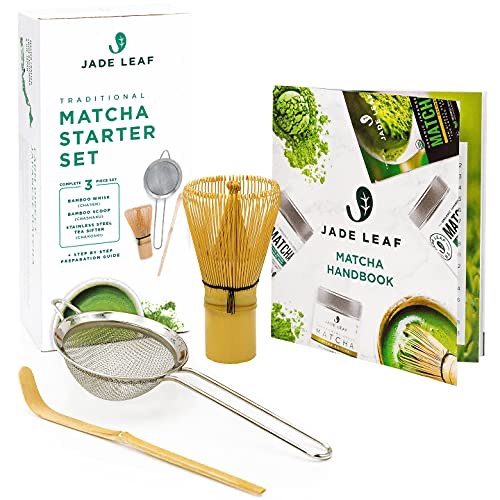 Amazon.com: Jade Leaf Matcha Traditional Starter Set - Bamboo Matcha Whisk (Chasen), Scoop (Chashaku), Stainless Steel Sifter, Fully Printed Handbook - Japanese Tea Set : Home & Kitchen