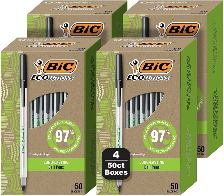 Amazon.com : BIC Ecolutions Round Stic Ballpoint Pens, Medium Point (1.0mm), 200-Count Pack, Black Ink Pens Made from 97% Recycled Plastic : Office Products