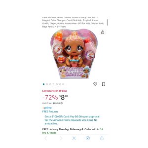$8.4 Amazon.com: MGA S Glitter BABYZ Solana Sunburst Baby Doll with 3 Magical Color Changes, Coral Pink Hair