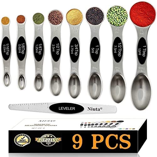 NIUTA 9 Pack Chef Magnetic Measuring Spoons Set, Stainless Steel,Dual Sided, Fits in Spice Jars