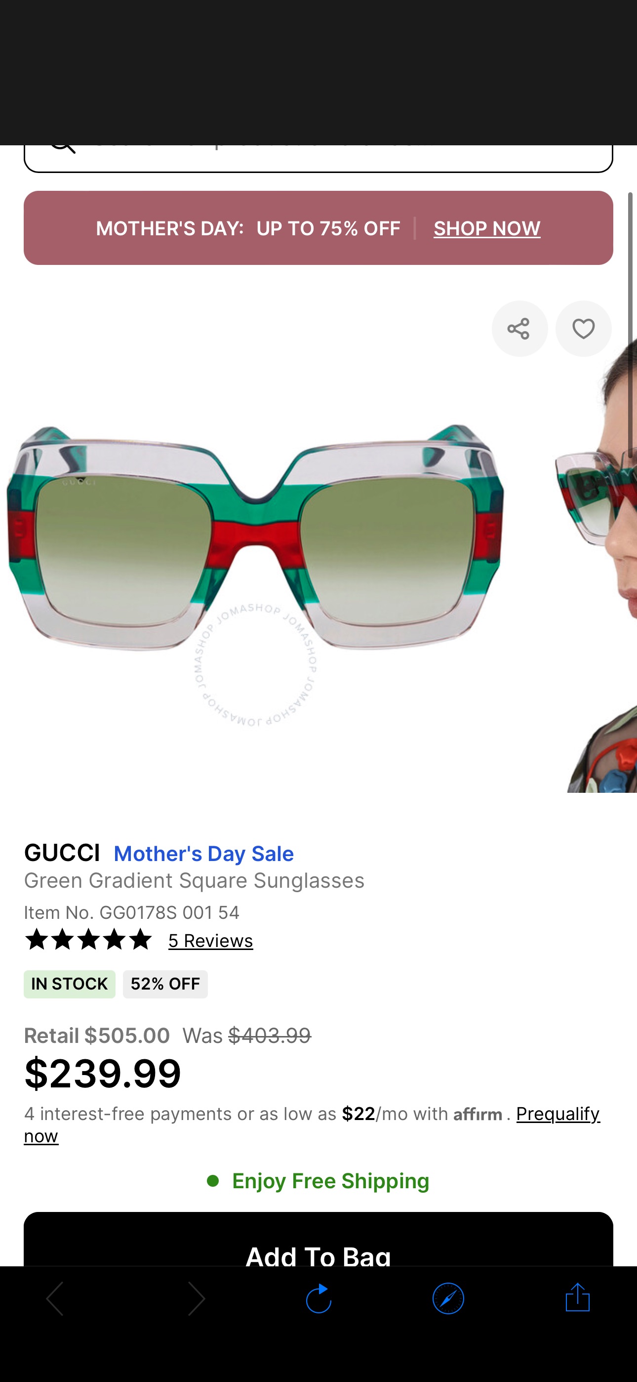 Gucci Green Gradient Square Sunglasses GG0178S 001 54 889652093345 - Sunglasses - Jomashop
