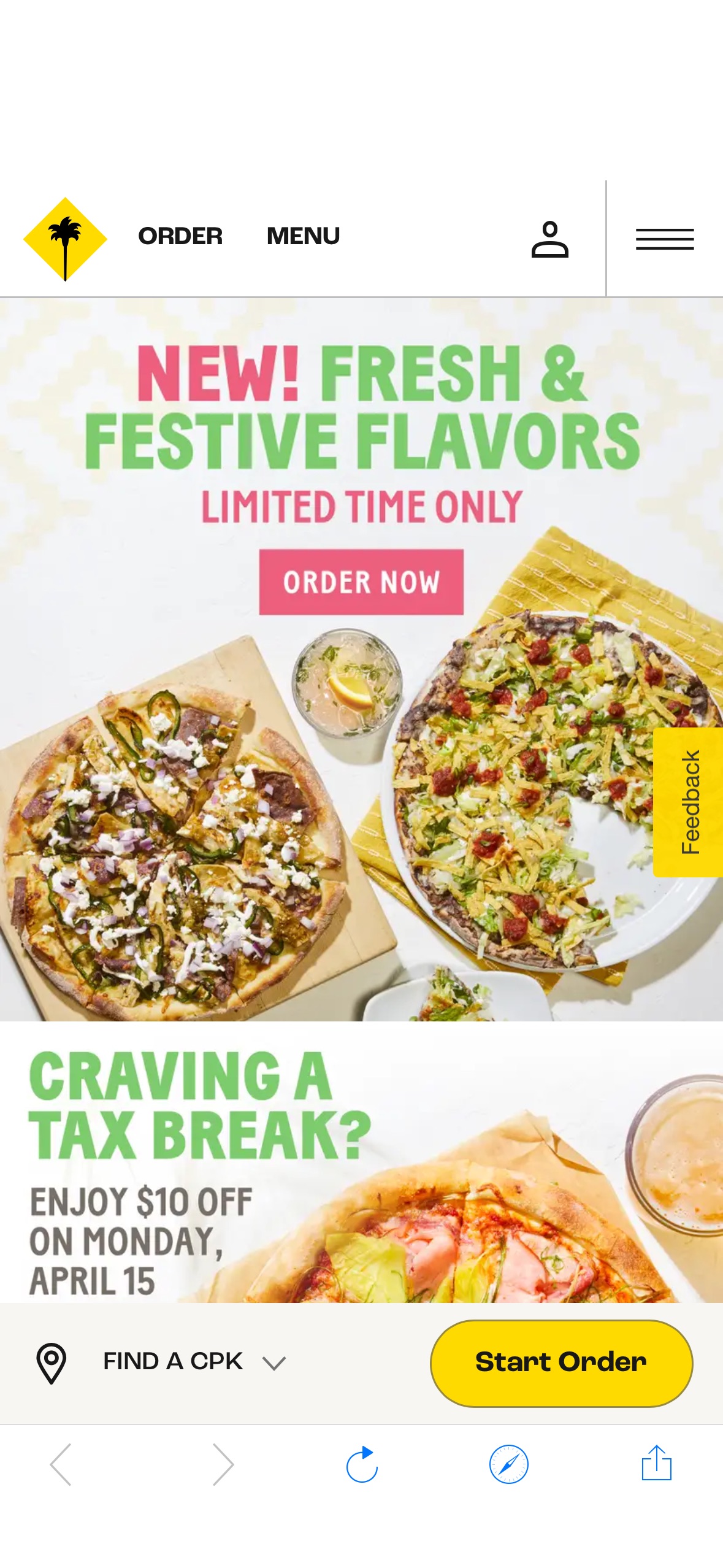 California Pizza Kitchen – California Pizza Kitchen CPK rewards members can save $10 on any $40 order on Tax Day. Offer is valid for dine-in or take-out orders. If you’re not already a rewards member 