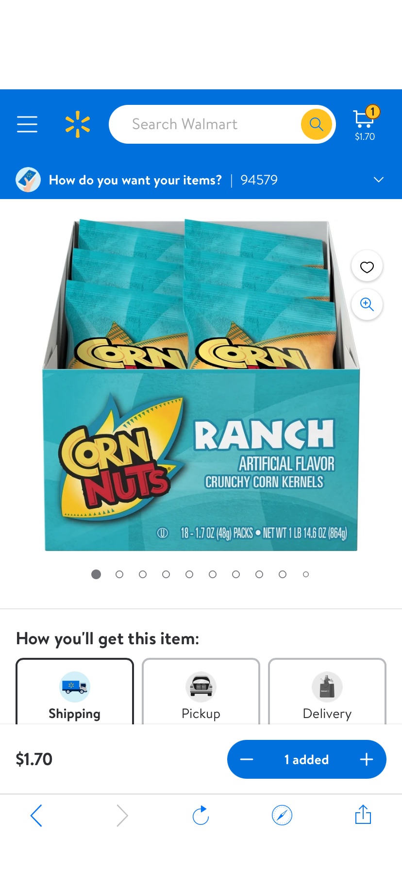 又降价了CORN NUTS Ranch Crunchy Corn Kernels Snack, 1.7 oz Plastic Pouch (Pack of 18) - Walmart.com只能邮寄