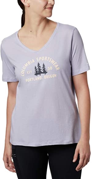 Columbia Women's Mount Rose Relaxed Tee Shirt, Jersey Cotton Blend, Twilight Heather/CSC Badge, Medium at Amazon Women’s Clothing store 哥伦比亚女士短袖T恤