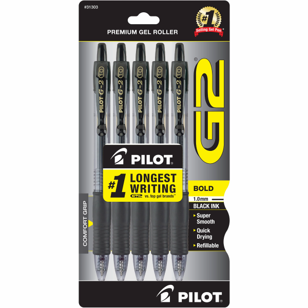 Pilot G2 Retractable Gel Ink Pens, Bold Point, Black, 5 Count,