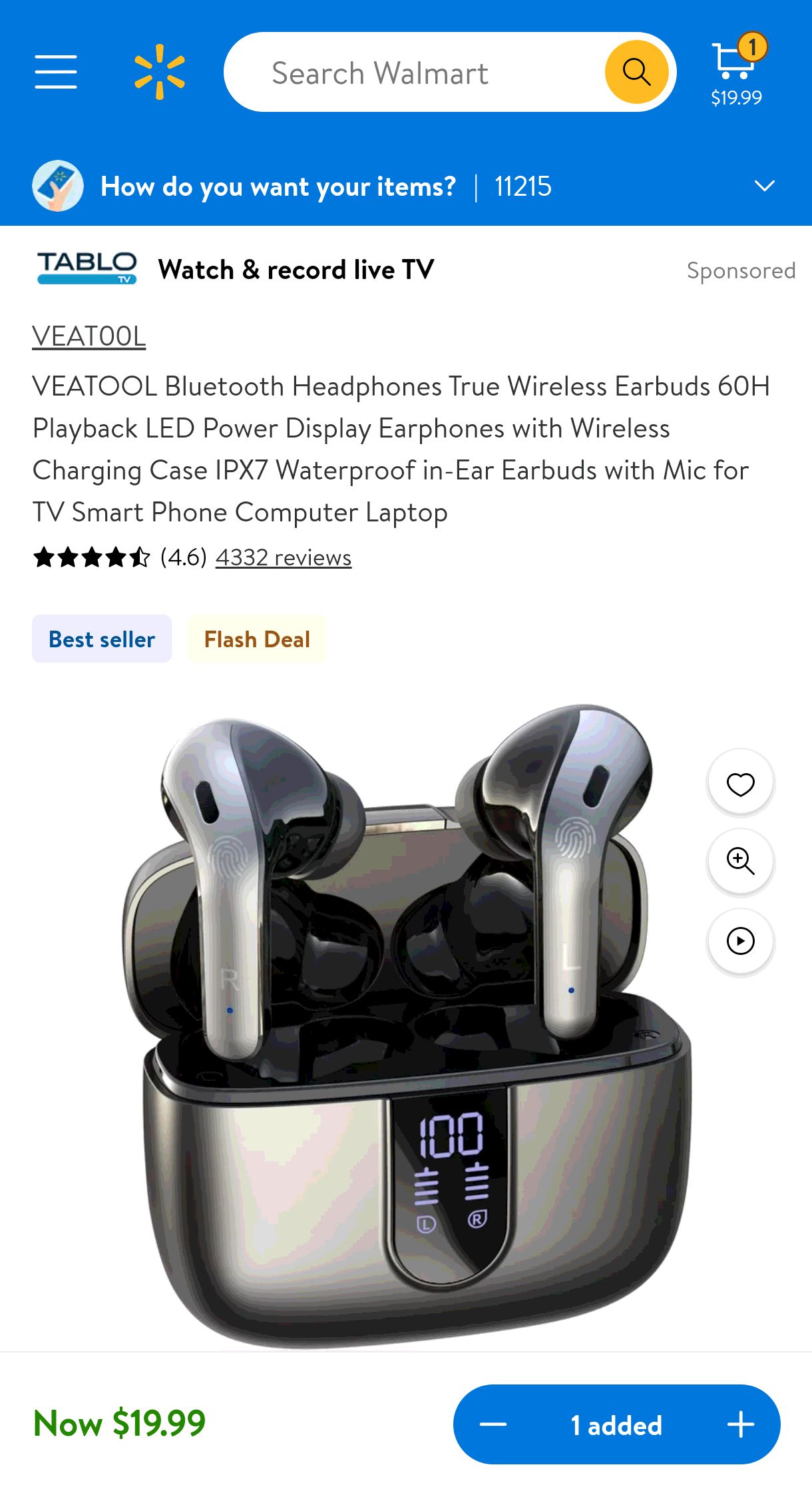 VEATOOL Bluetooth Headphones True Wireless Earbuds 60H Playback LED Power Display Earphones with Wireless Charging Case IPX7 Waterproof in-Ear Earbuds with Mic for TV Smart Phone Computer Laptop - Wal
