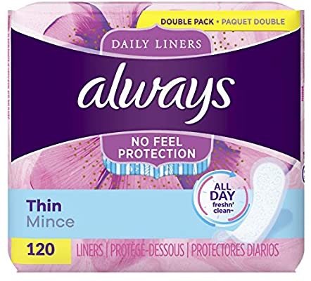 Always Thin Daily Liners, Regular Absorbency, 120 Count, Unscented, Wrapped