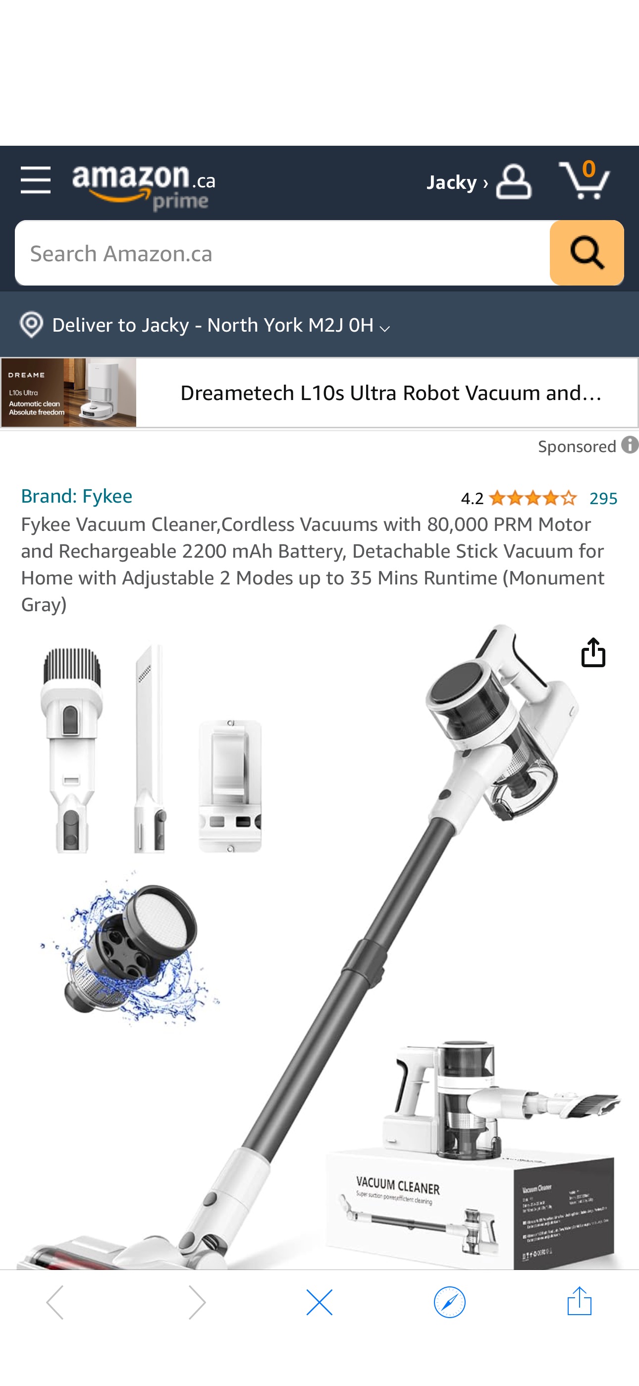 Fykee Vacuum Cleaner,Cordless Vacuums with 80,000 PRM Motor and Rechargeable 2200 mAh Battery, Detachable Stick Vacuum for Home with Adjustable 2 Modes up to 35 Mins Runtime (Monument Gray) : Amazon.c