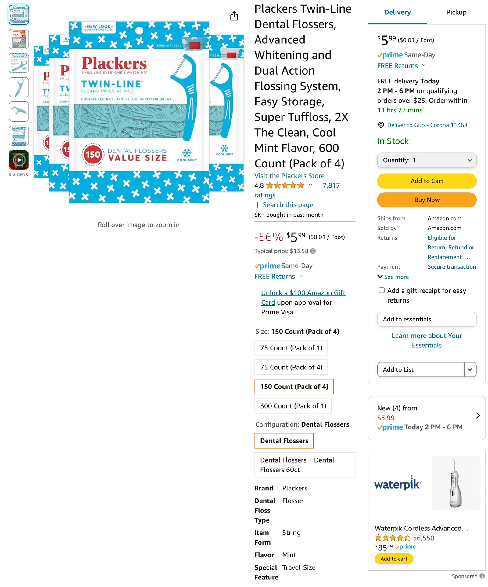 Plackers Twin-Line Dental Flossers双线牙线，每包150支，每组4包才$5.99，4.4折，史低价