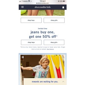 abercrombie kids童装牛仔裤第二件五折 abercrombie kids童装牛仔裤第二件五折