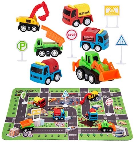 儿童玩具车套装带小地毯促销Construction Toys with Play Mat, Engineering Vehicles Set Include 6 Construction Trucks, 4 Road Signs, 14" x 18" Playmat, Pull Back Car Toys