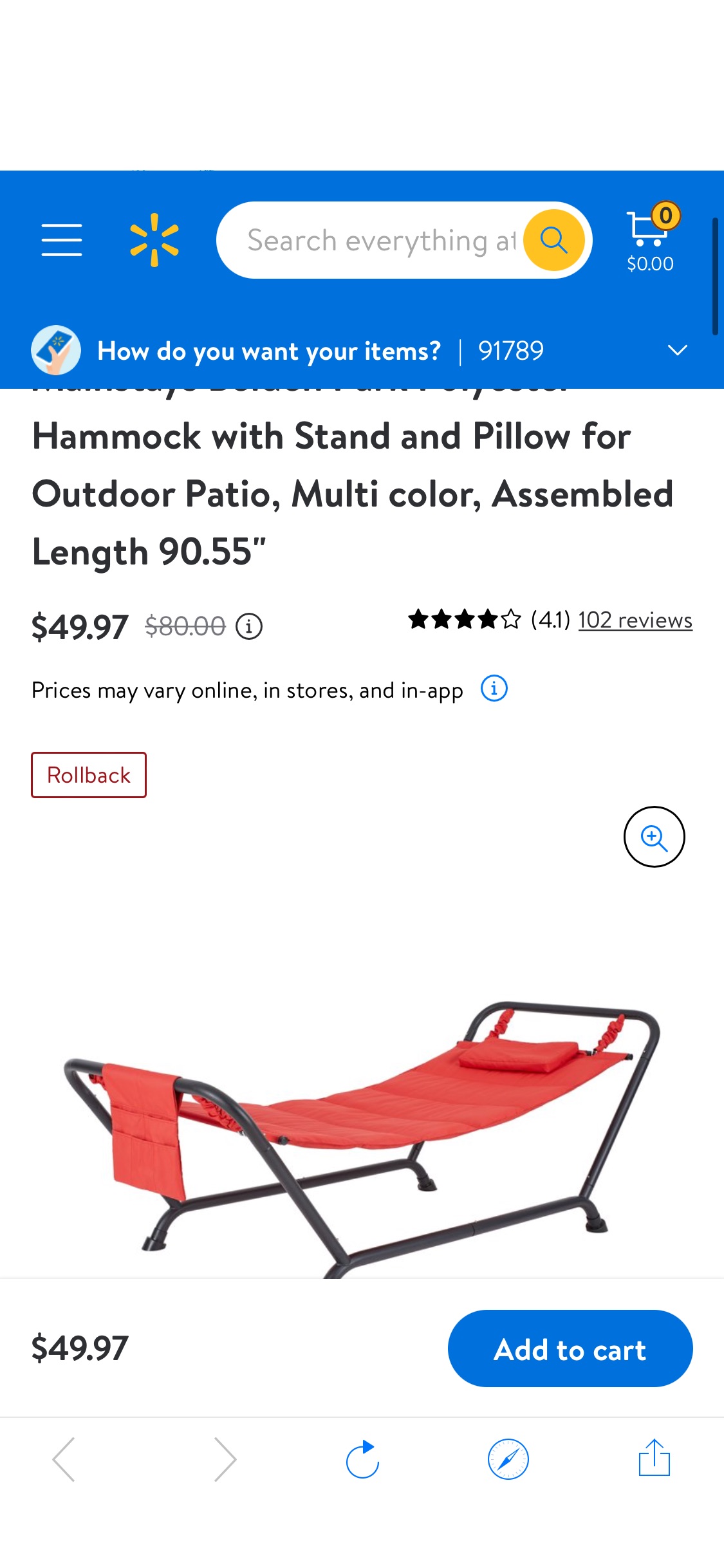 Mainstays Belden Park Polyester Hammock with Stand and Pillow for Outdoor Patio, Multi color, Assembled Length 90.55" - Walmart.com