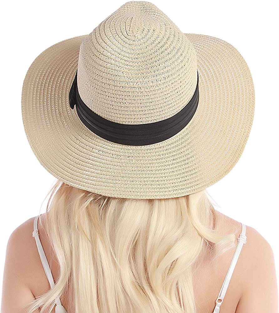 Womens Straw Hat Wide Brim Floppy Beach Cap Adjustable Sun Hat for Women UPF 50+ at Amazon Women’s Clothing store海边必备草帽
