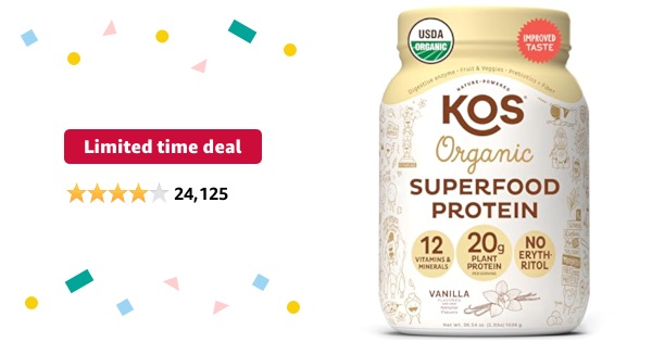 Limited-time deal: KOS Vegan Protein Powder Erythritol Free, Vanilla USDA Organic - Pea Protein Blend, Plant Based Superfood Rich in Vitamins & Minerals - Keto, Dairy Free - Meal Replacement for Women