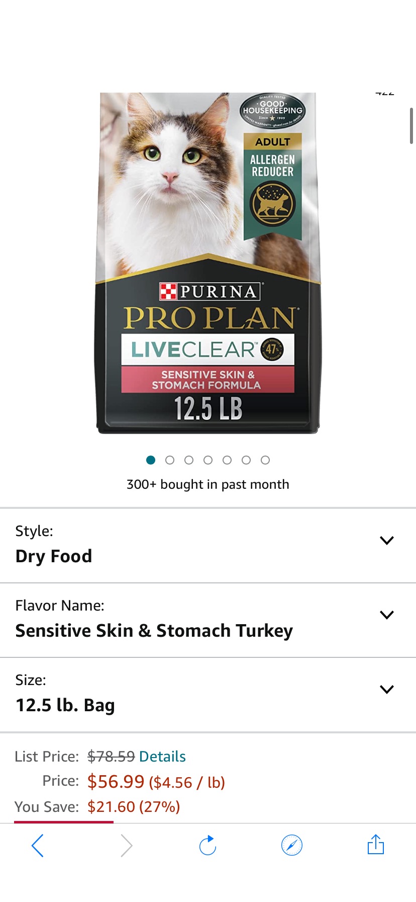 Amazon.com: 高蛋白质猫粮Purina Pro Plan Allergen Reducing, High Protein Cat Food, LIVECLEAR Turkey and Oatmeal Formula - 12.5 lb. Bag