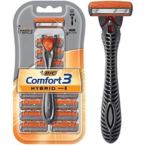 BIC Comfort 3 Hybrid Men's 3-Blade Disposable Razor, 1 Handle and 12 Cartridges