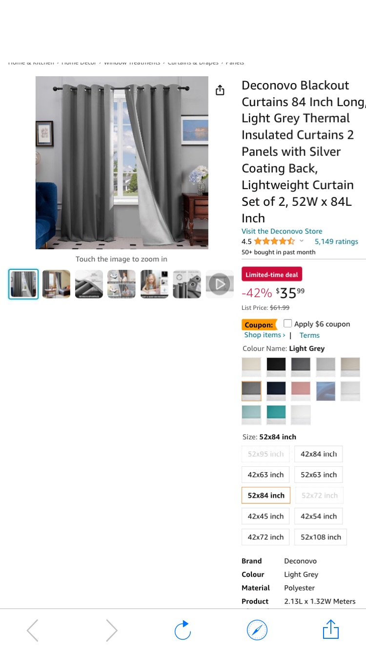 Deconovo Blackout Curtains 84 Inch Long, Light Grey Thermal Insulated Curtains 2 Panels with Silver Coating Back, Lightweight Curtain Set of 2, 52W x 84L Inch : Amazon.ca: Home