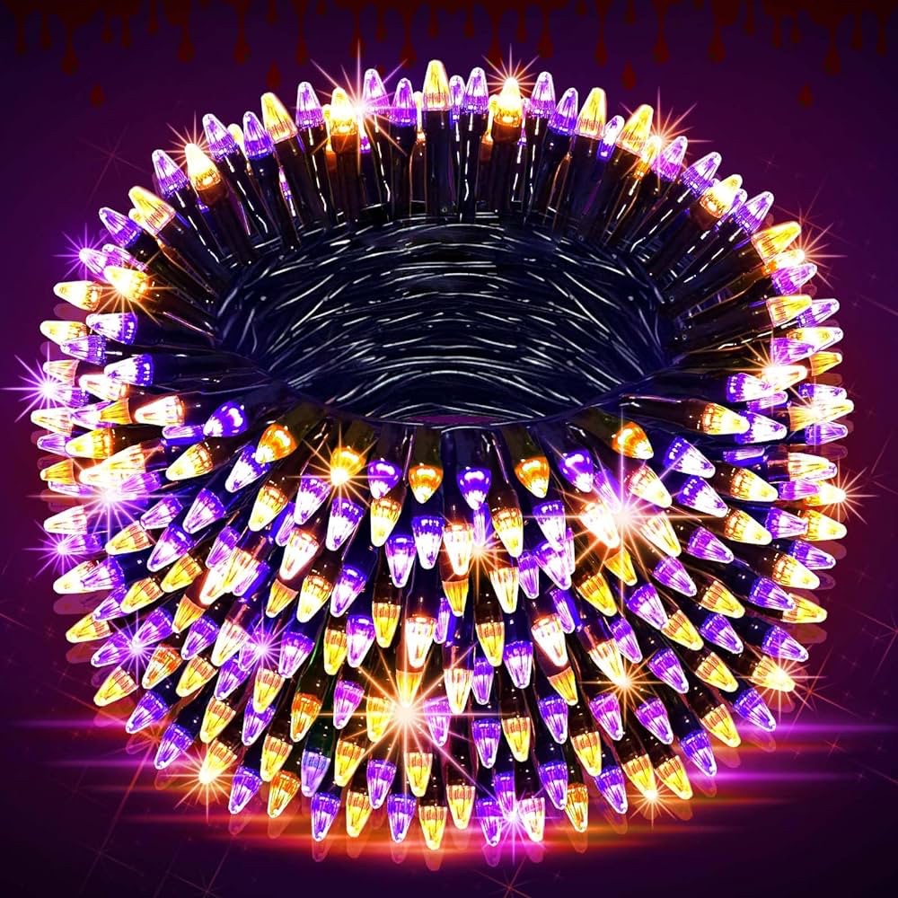 户外万圣节灯，包含300 个 LED灯，99 英尺长，紫色和橙色混合灯串 ，8 种照明模式