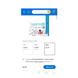$6.74 HP Printer Paper - Copy And Print, 20 lb., 8.5 x 11 , 500 Sheets, 1 Ream - Walmart.com疑似bug 价!10包打印纸只收1包价格!