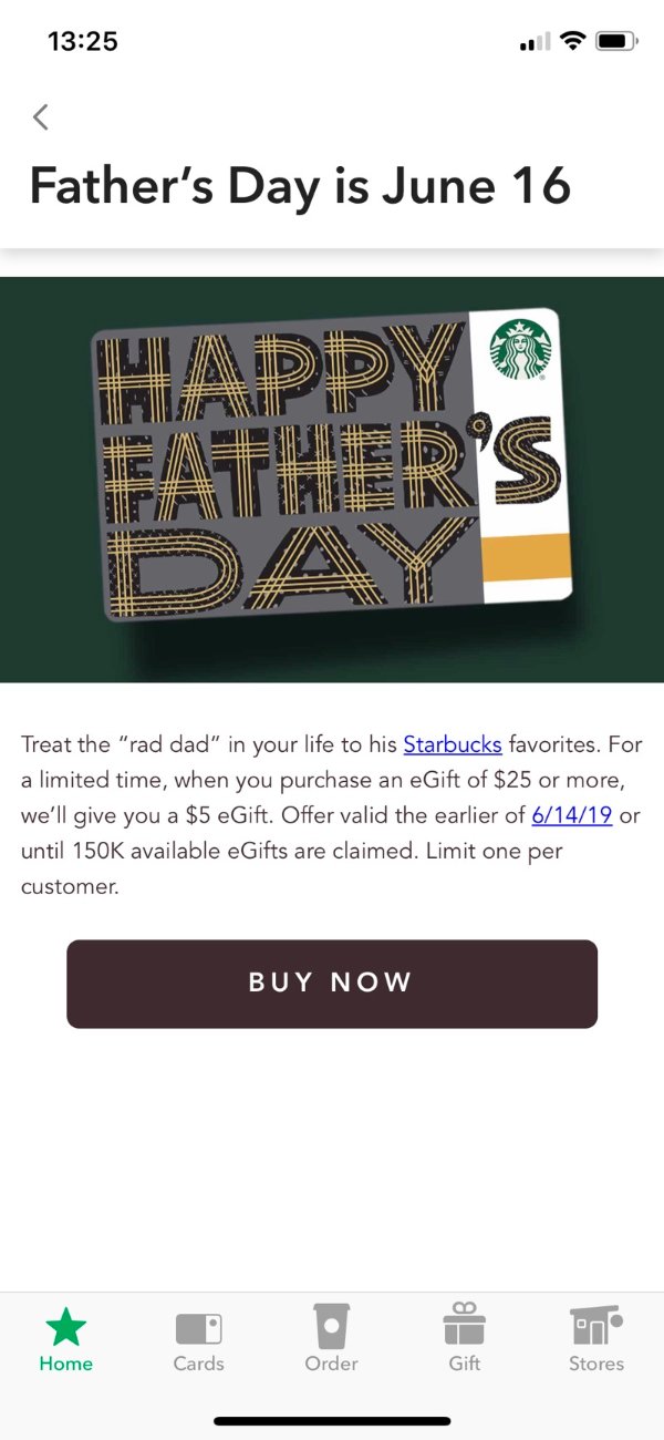 Starbucks 电子礼卡限时父亲节优惠