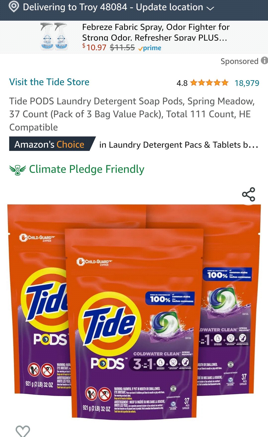 Tide PODS Laundry Detergent Soap Pods, Spring Meadow, 37 Count (Pack of 3 Bag Value Pack), Total 111 Count 汰渍洗衣球111颗