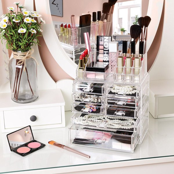 SONGMICS Acrylic Makeup Organizer 3 Pieces Set Cosmetic Storage Jewelry Display Case with 8 Drawers 16 Top Compartments for Brushes Pallets Powder Foundations Clear UJMU08T @ Amazon