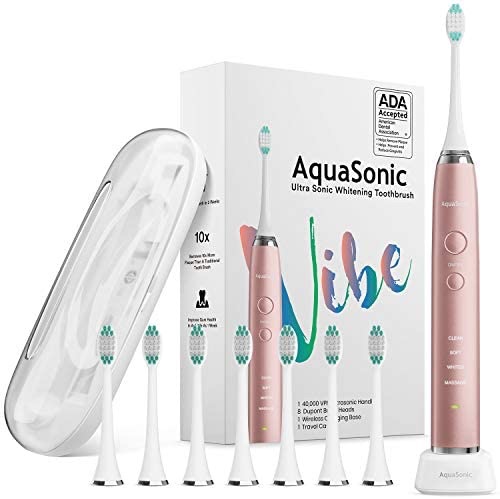 Amazon.com: AquaSonic 电动牙刷Vibe Series Ultra Whitening Toothbrush – ADA Accepted Electric Toothbrush - 8 Brush Heads & Travel Case