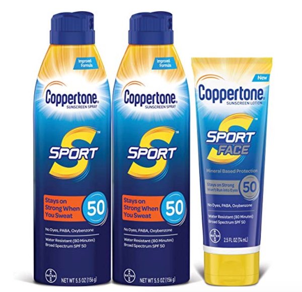 on Coppertone SPORT SPF 50 Sunscreen Spray + SPORT Face SPF 50 Mineral Based Sunscreen Lotion Multipack @ Amazon